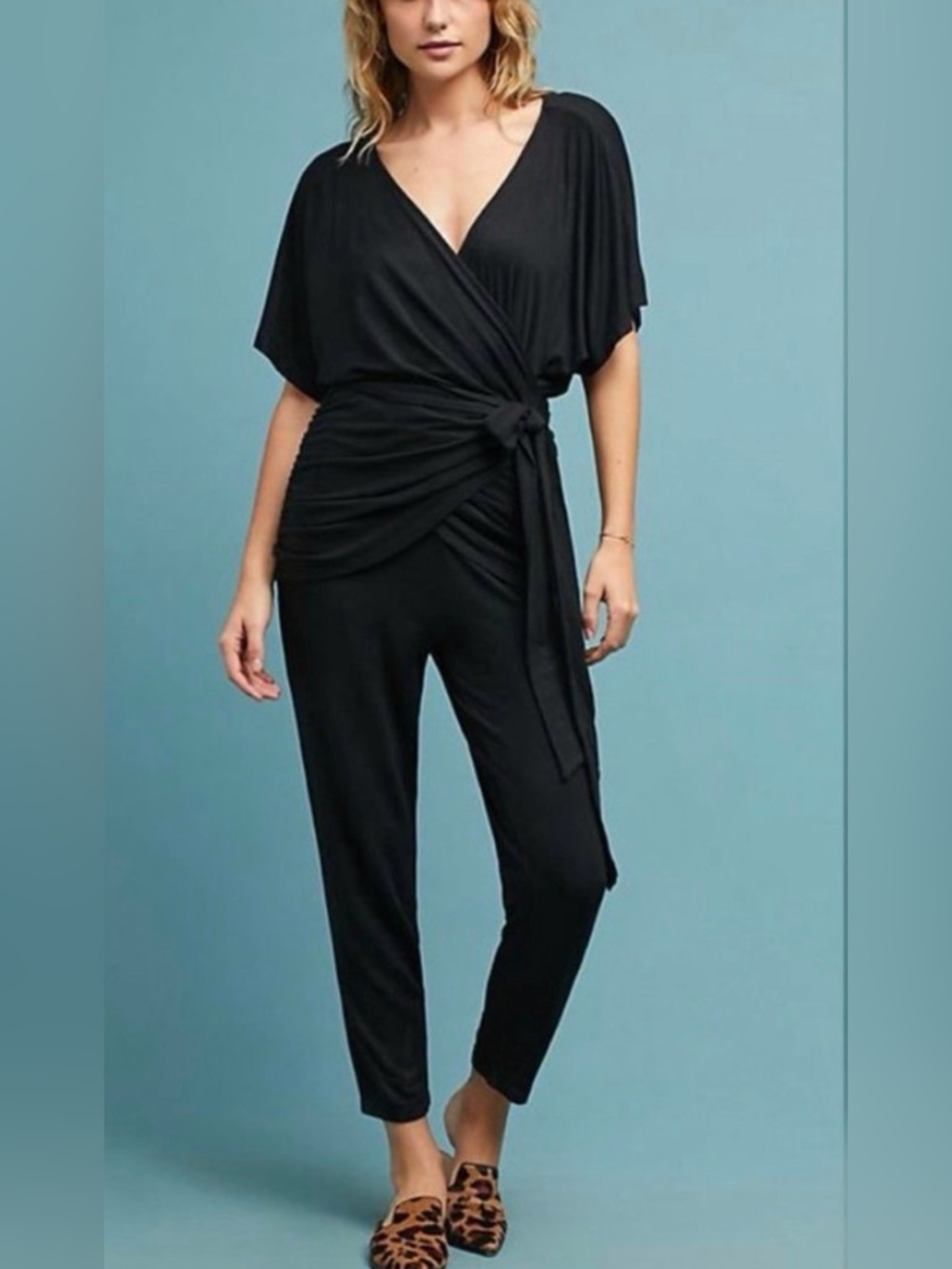 Anthropologie Saturday Sunday Aisling Wrap Jumpsuit Black Jersey Tie Waist